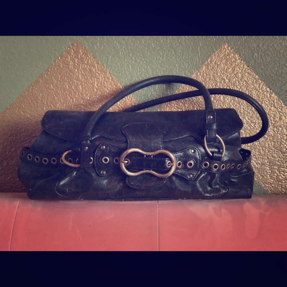 BCBGirls black leather purse with grommet/buckle